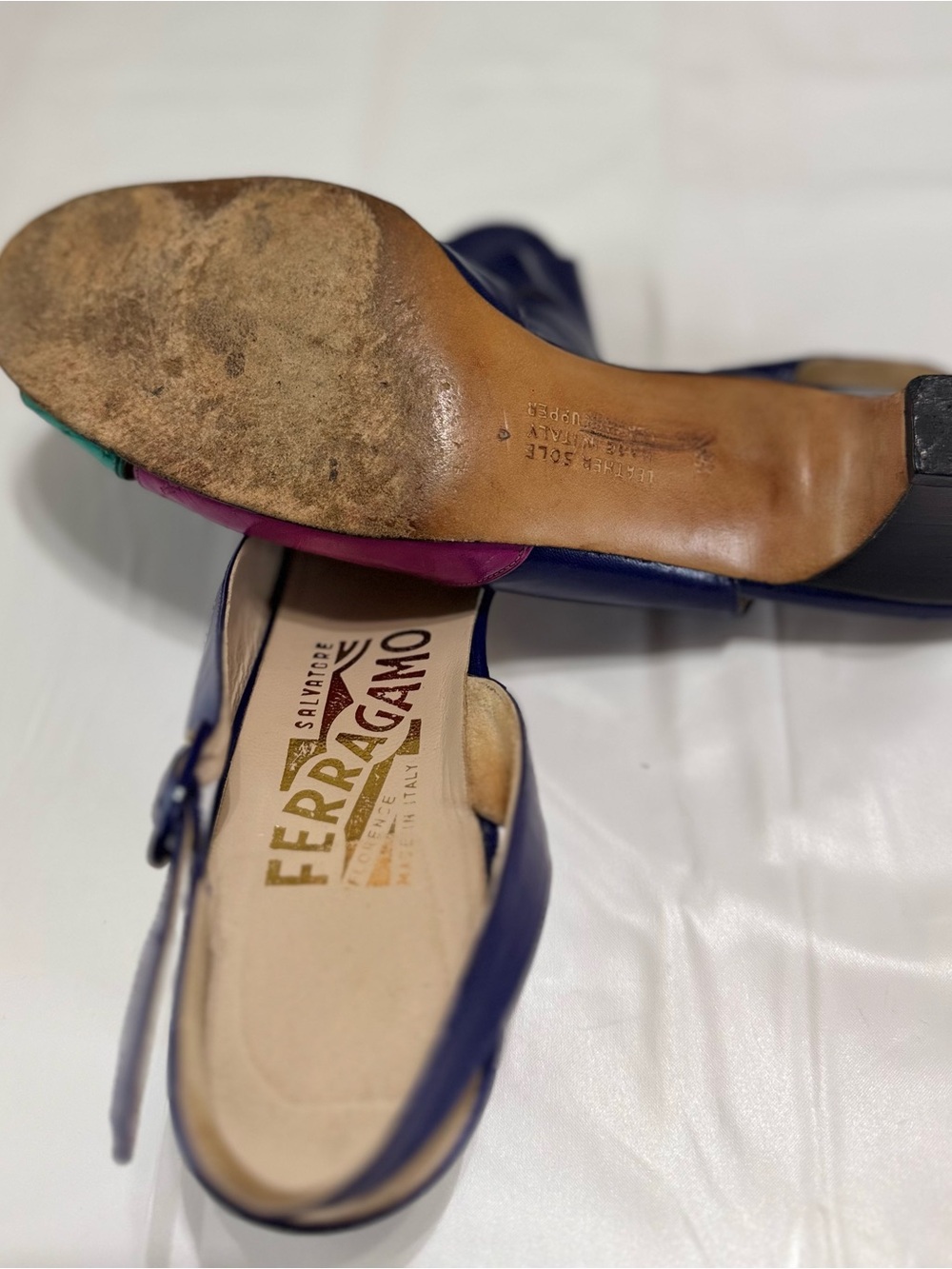 Salvatore Ferragamo Navy, Pink & Teal Leather Slingback Sandals - Picture 6 of 6